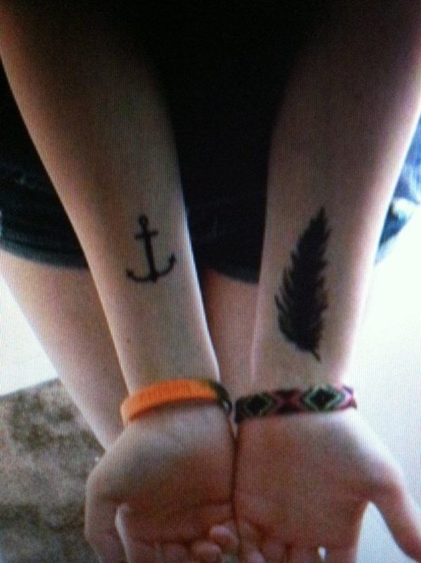 Anchor And Feather Tattoos On Wrist