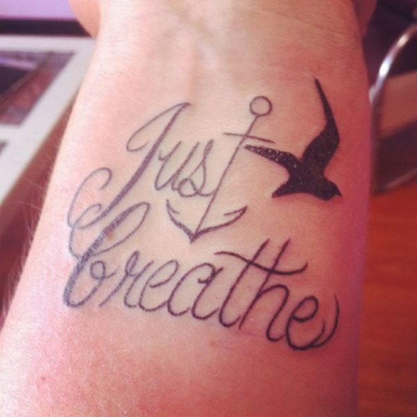 Anchor And Just Breathe Wording Tattoo