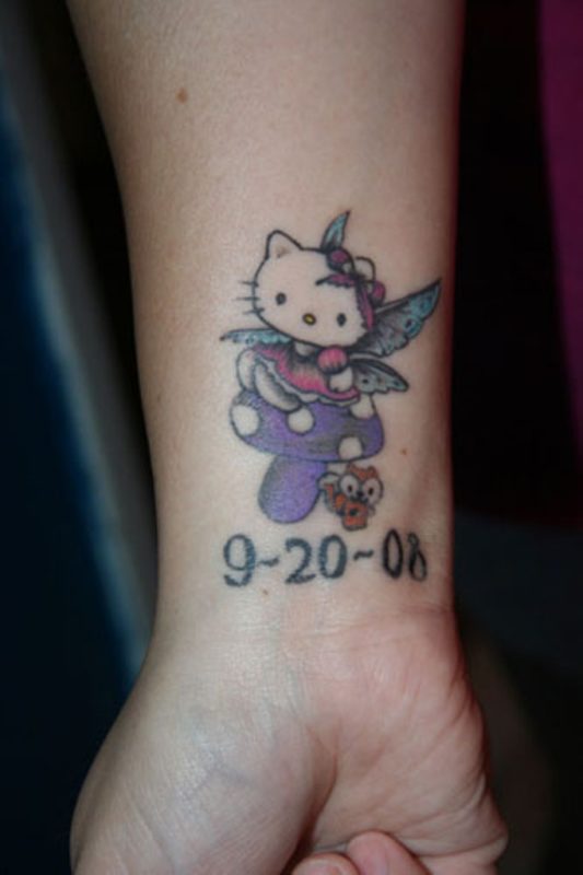 Beautiful and dated kitty Wrist Tattoo