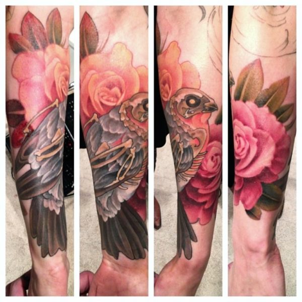 Bird On Flower Tattoo On Wrist