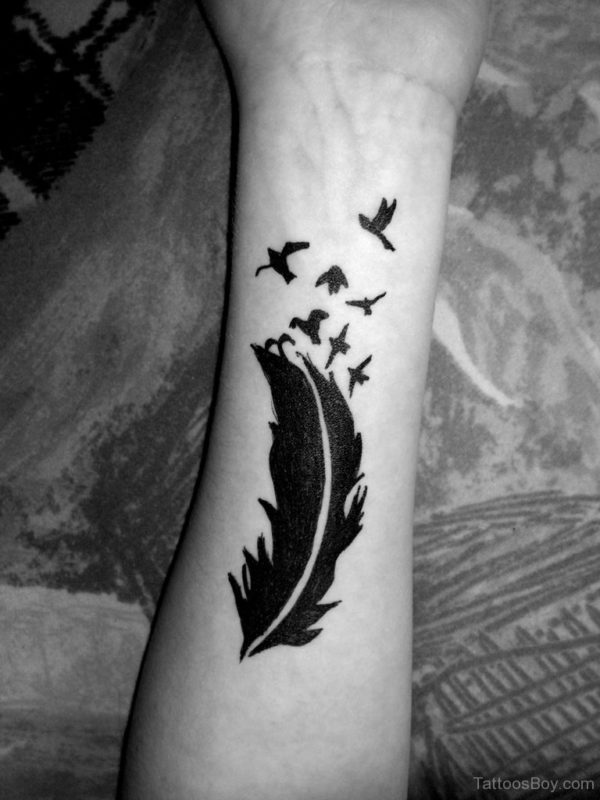 Black Birds And Feather Tattoo