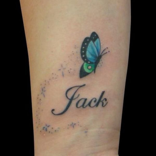 Blue Butterfly And Name Tattoo