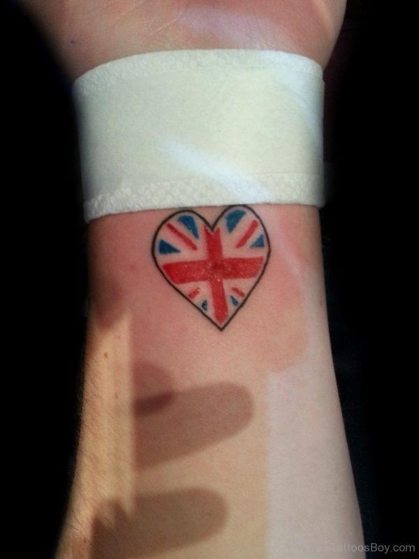 British Flag Heart Tattoo On Wrist