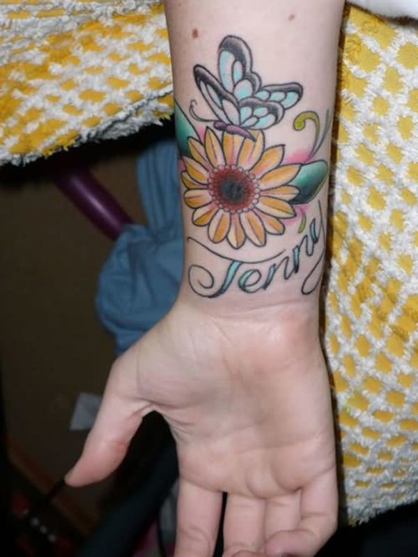 Butterfly And Sunflower Tattoo On Wrist