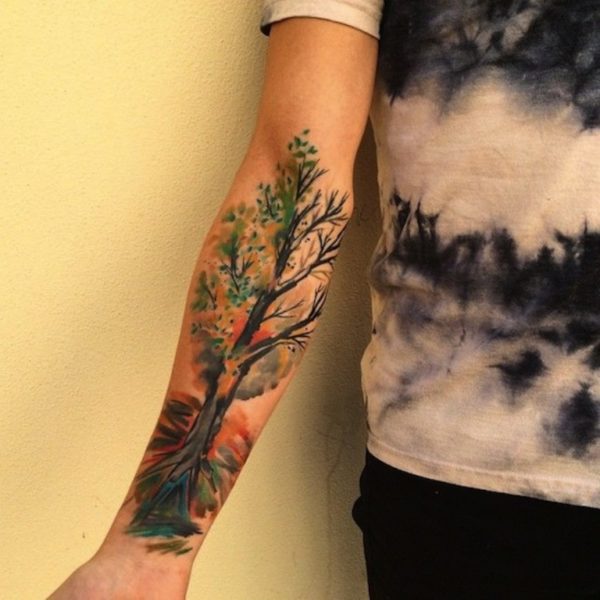 Colored Tree Tattoo On Wrist 