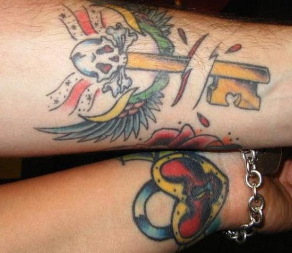 Colorful Lock And Key Tattoo On Wrist