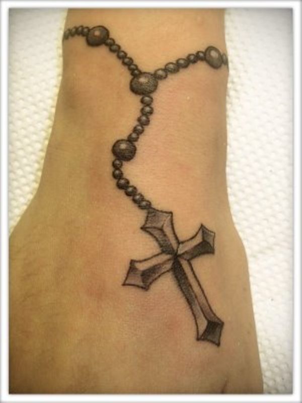 Cross And Rosary Tattoo On Wrist
