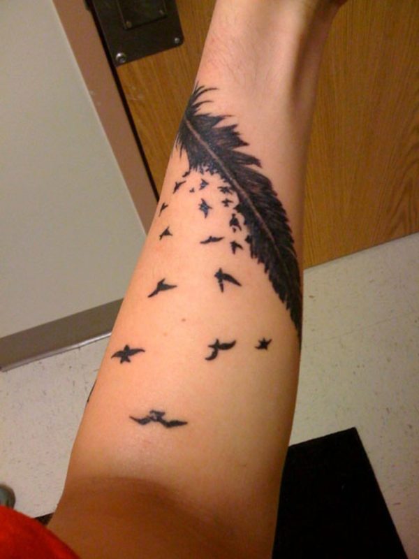 Dark Black Crows And Feather Tattoo Design