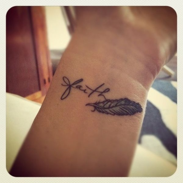 Faith And Feather Tattoo On Wrist