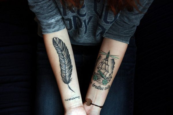 Feather And Ship Tattoo