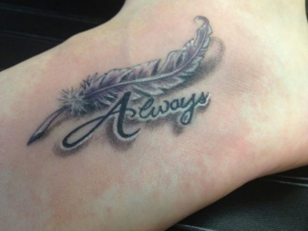 Feather And Word Tattoo On Wrist