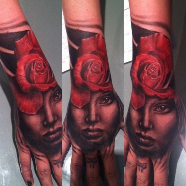 Girl Face And Rose Tattoo