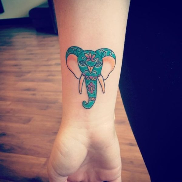 Green Ink Elephant Tattoo