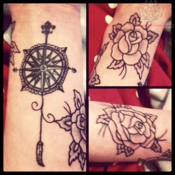 Grey Rose And Compass Tattoo