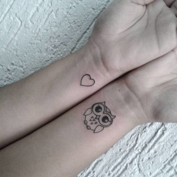 Heart And Owl Tattoo On Wrist