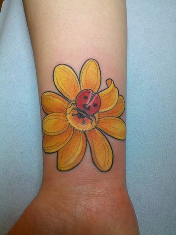 Lady Bug And  Yellow Flower Tattoo