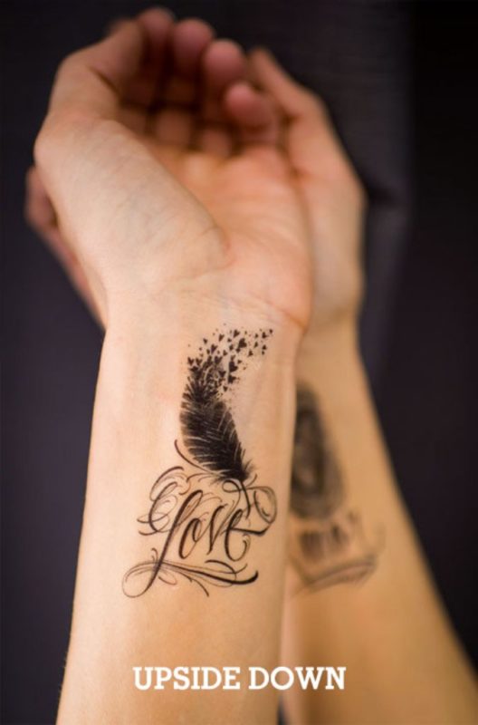 Love And Feather Tattoo On Wrist