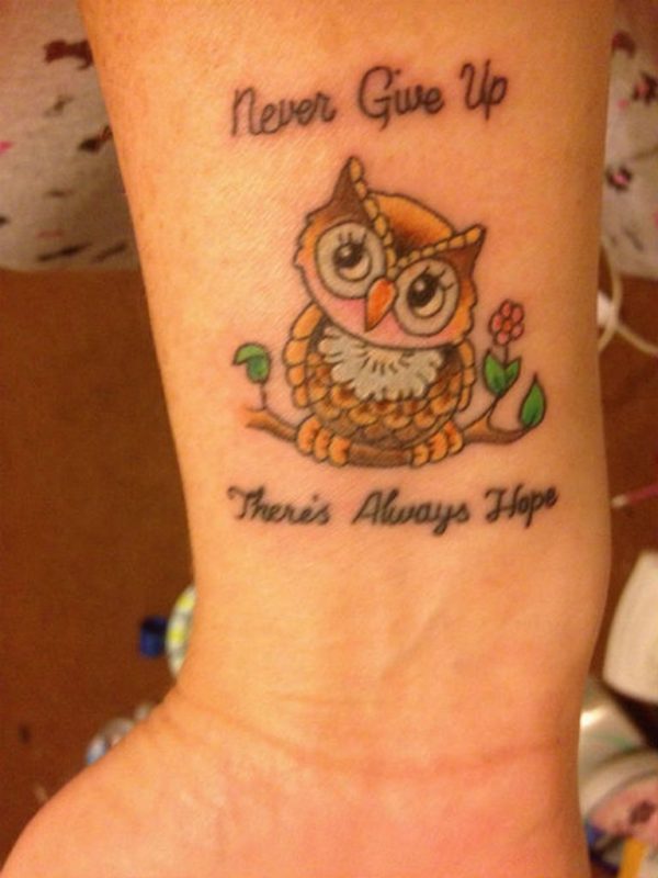 Owl And Wording Tattoo