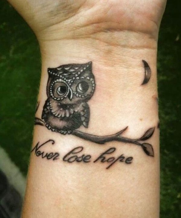 Owl Cum Quote wrist Tattoo