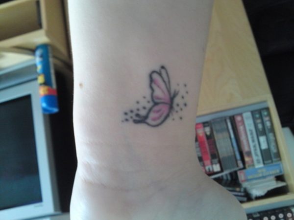 Pink Butterfly Tattoo On Wrist