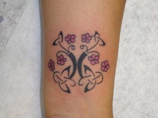 Pink Flower And Tree Tattoo