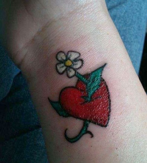 Red Heart Flower Wrist Tattoo