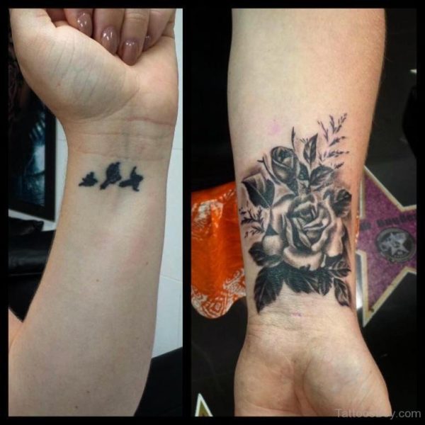 Rose And Birds Tattoo On Wrist