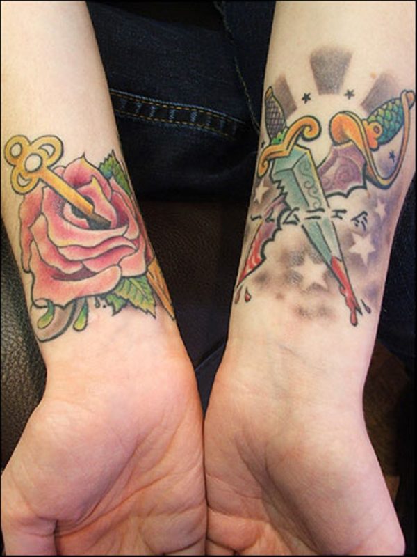 Rose And Key Tattoo On Wrist