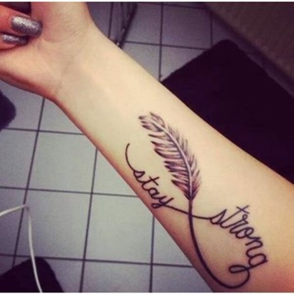 Stay Strong With Feather Infinty Symbol Tattoo On Girls