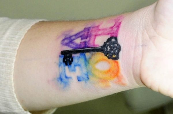 Watercolor Skeleton Key Tattoo On Wrist