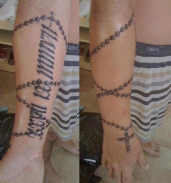 Wording And Rosary Tattoo On Wrist