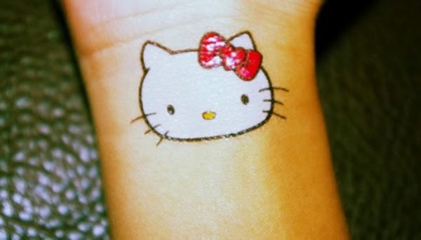 White Red kitty Wrist Tattoo