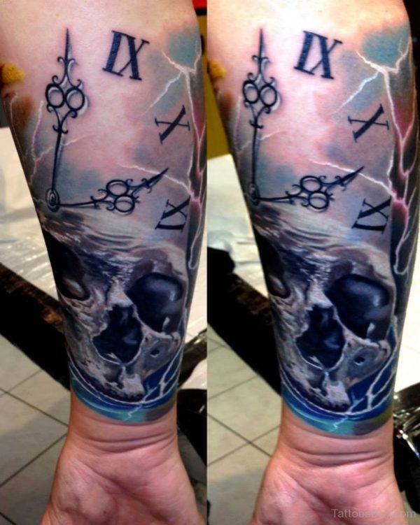 Beautiful Skull And Clock Tattoo On Wrist