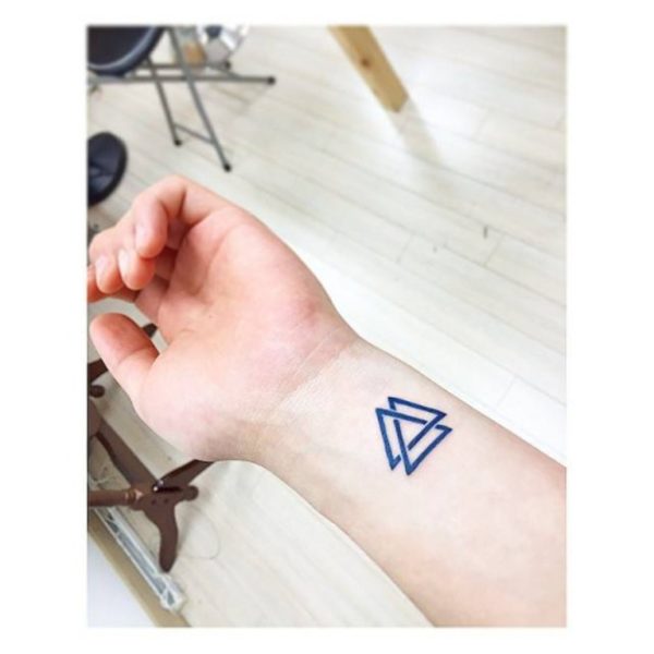 Blue Double Triangle Wrist Tattoo