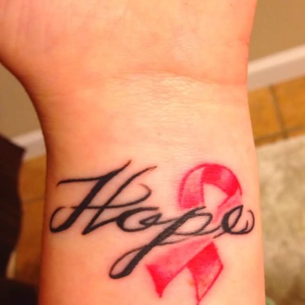 Cancer Ribbon With Hope Word Tattoo