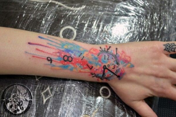 Colored Clock Tattoo On Wrist