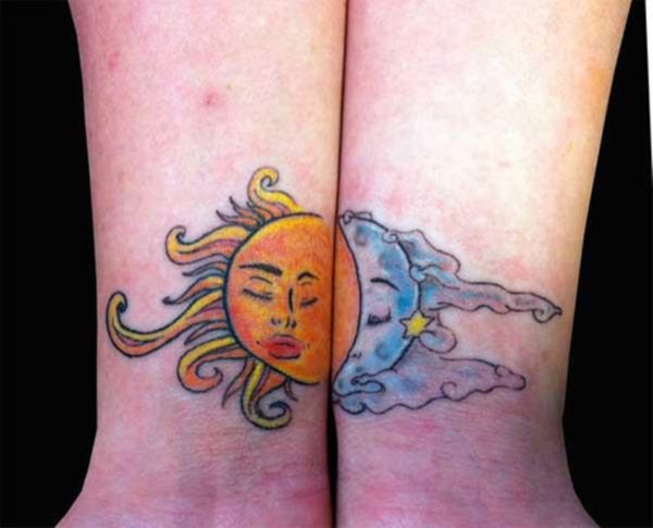 Colored Sun Moon Tattoo On Wrist