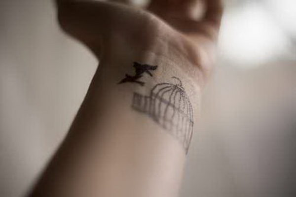 Flying Bird And Cage Tattoo On Wrist