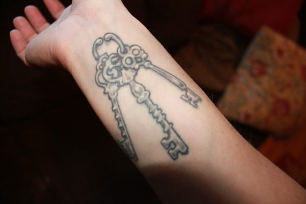 Grey Ink Skeleton Keys Tattoos On Wrist
