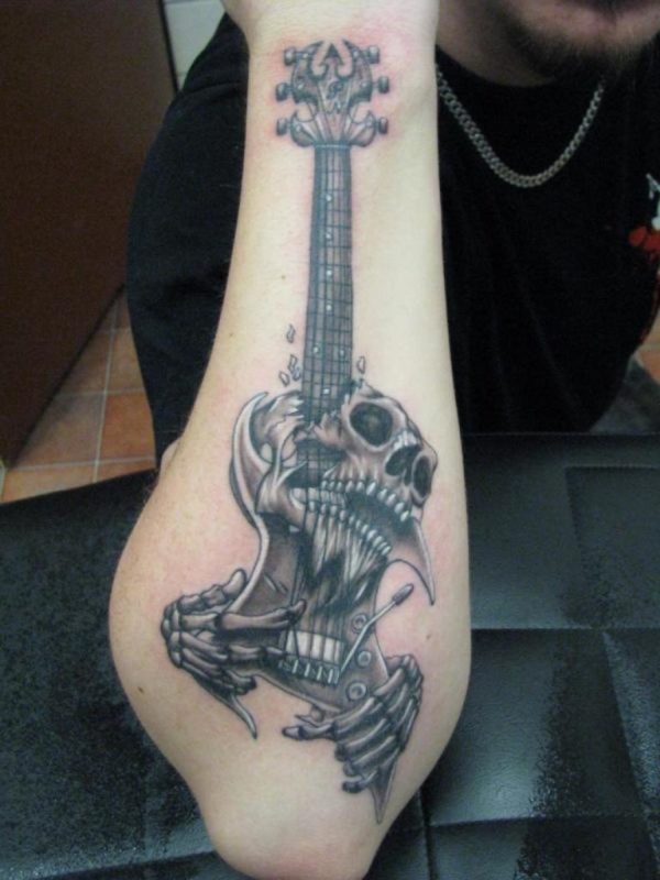 Guitar With Skull Tattoo On Wrist