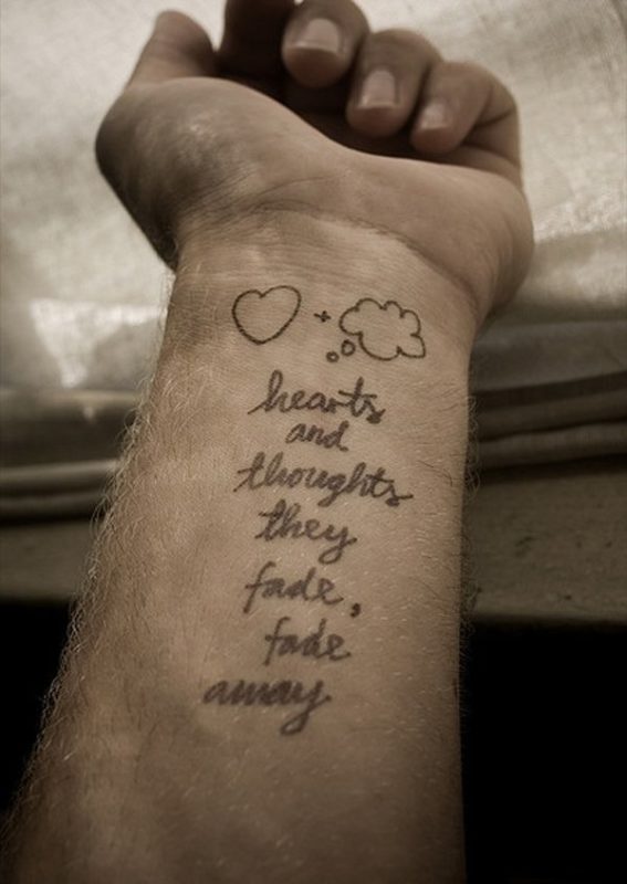 Hearts And Thoughts Quote Tattoo On Wrist