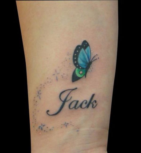 Jack Name And Butterfly Tattoo On Wrist