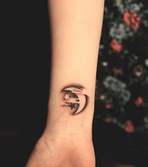 Moon And Star In Cloud Tattoo On Wrist