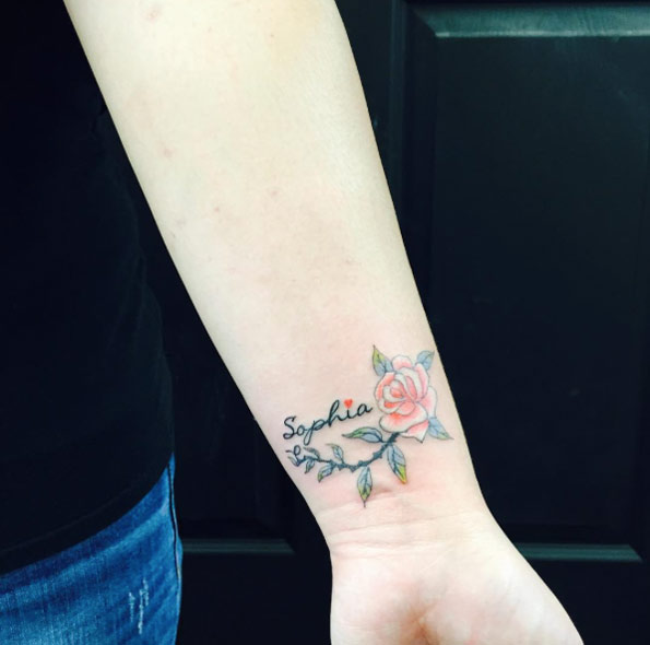 Name And Rose Tattoo On Wrist