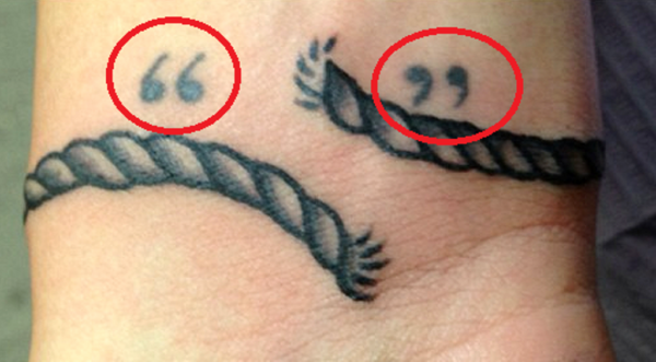 Quotation Mark And Rope Tattoo On Wrist