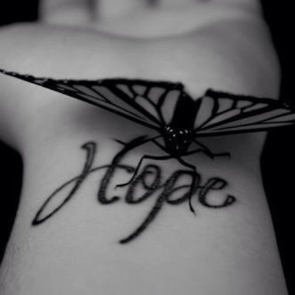 Realistic Hope And Butterfly Tattoo