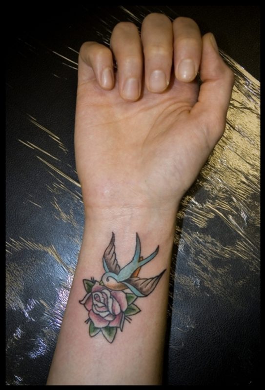Rose And Dove Tattoo On Wrist