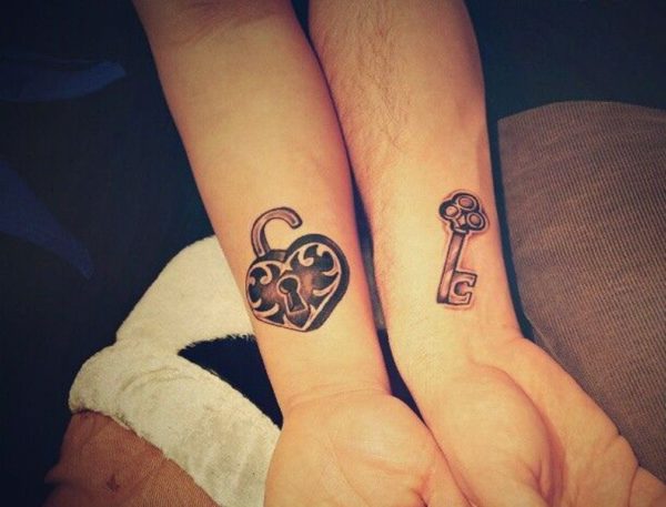 Simple Heart Lock And Key Tattoo On Couple Wrist