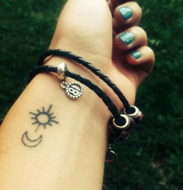 Small Sun Moon Tattoo On Wrist